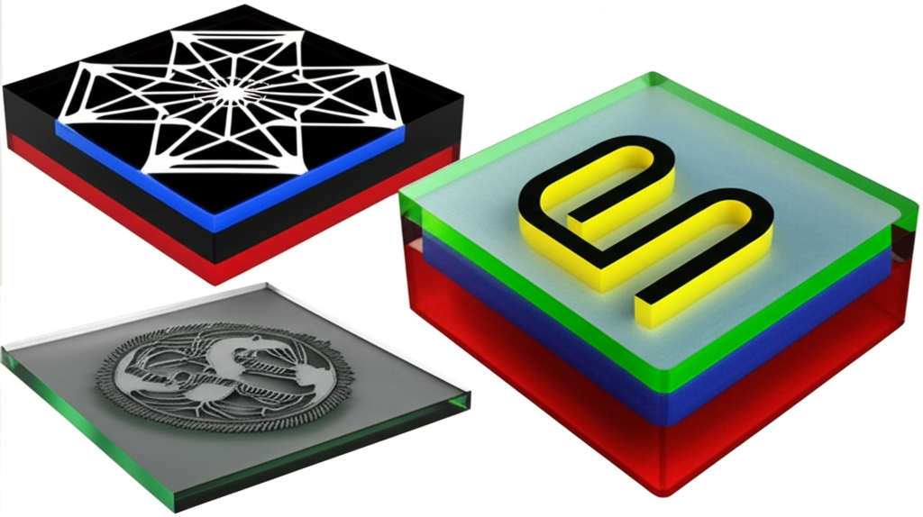 Tri-layer acrylic engraving samples showing precision work